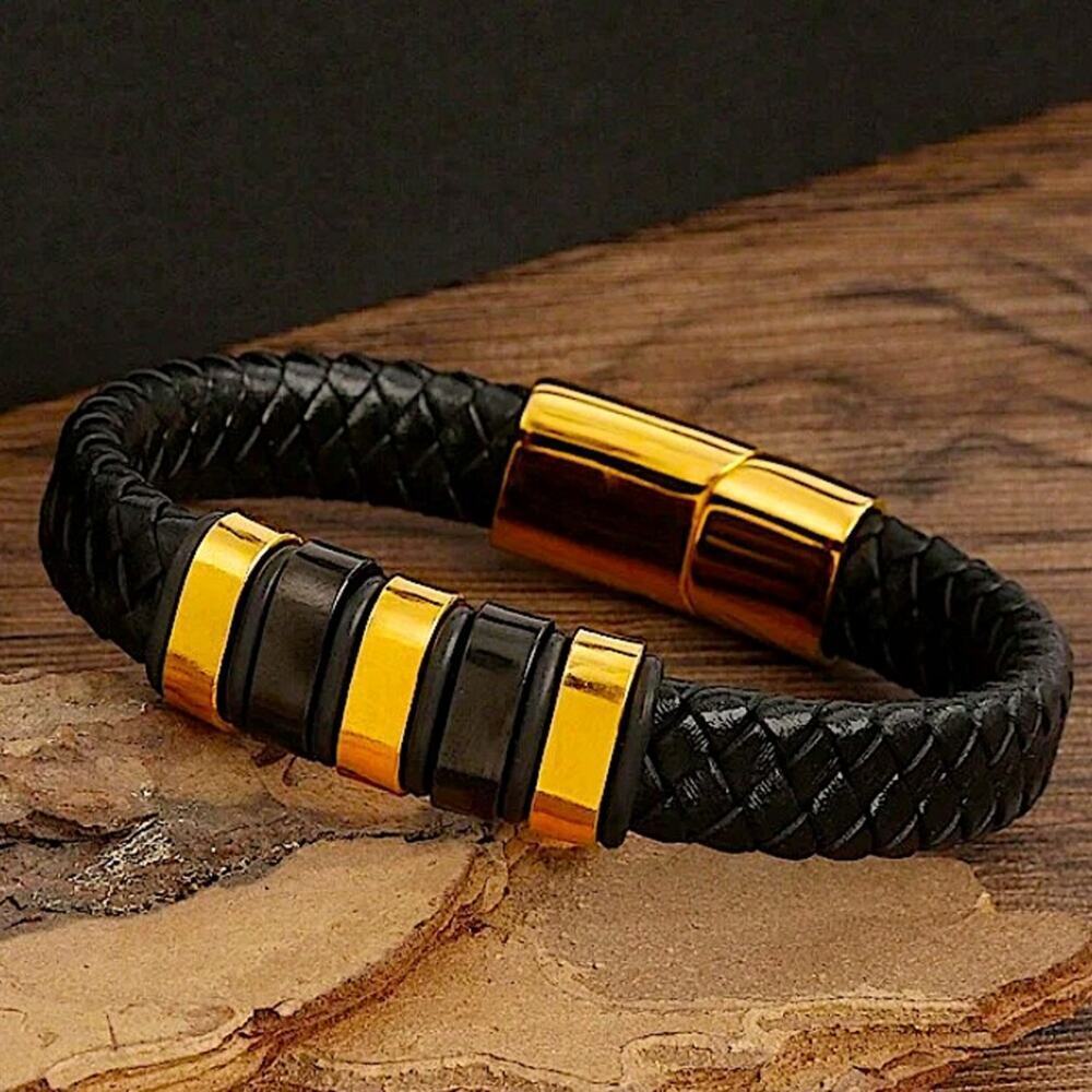 BLACK STAINLESS STEEL LEATHER BRACELET SILVER AND GOLD